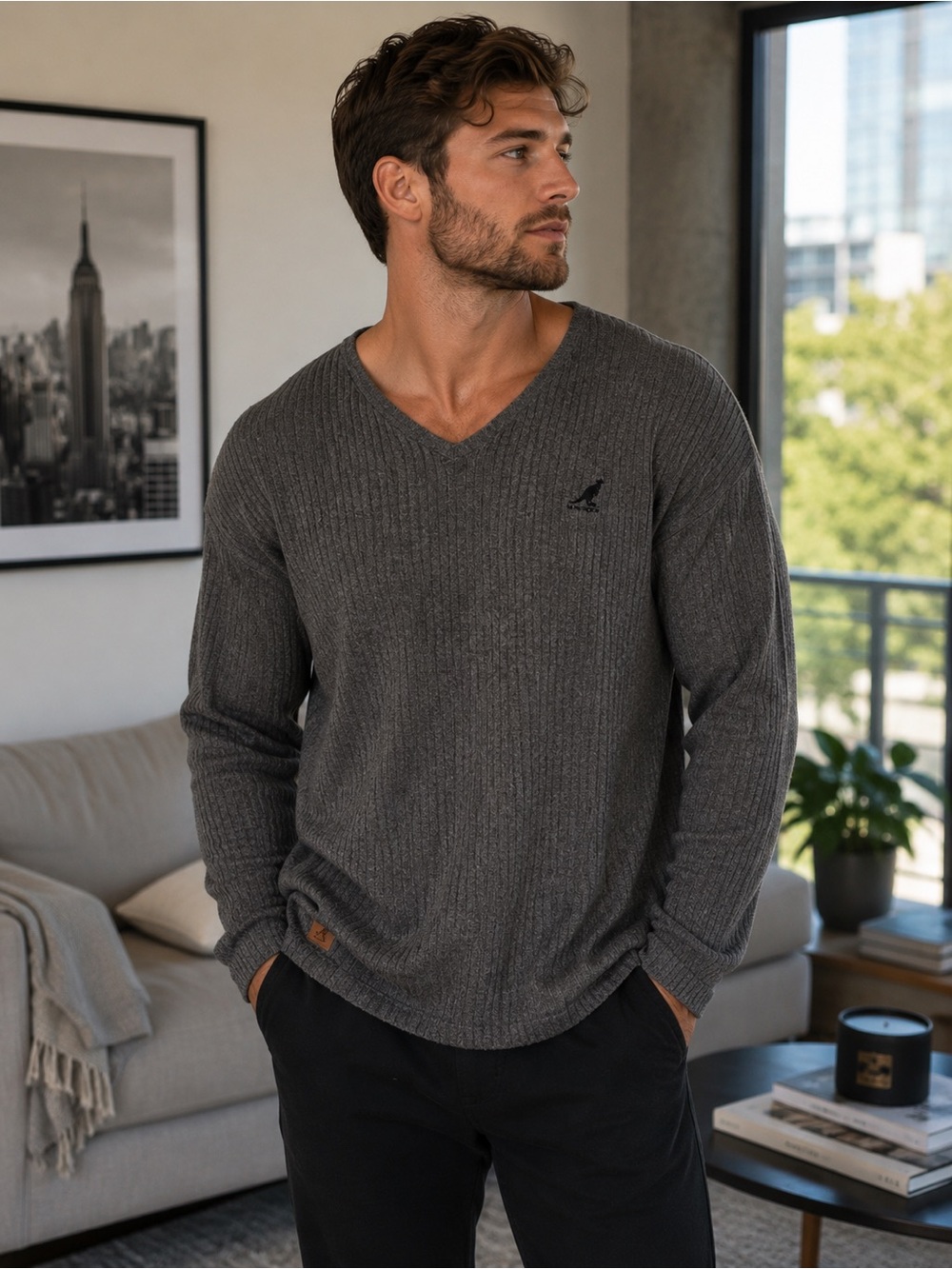 Kangol Ribbed V Neck Sweater Men’s XL Gray Knit Streetwear Casual
